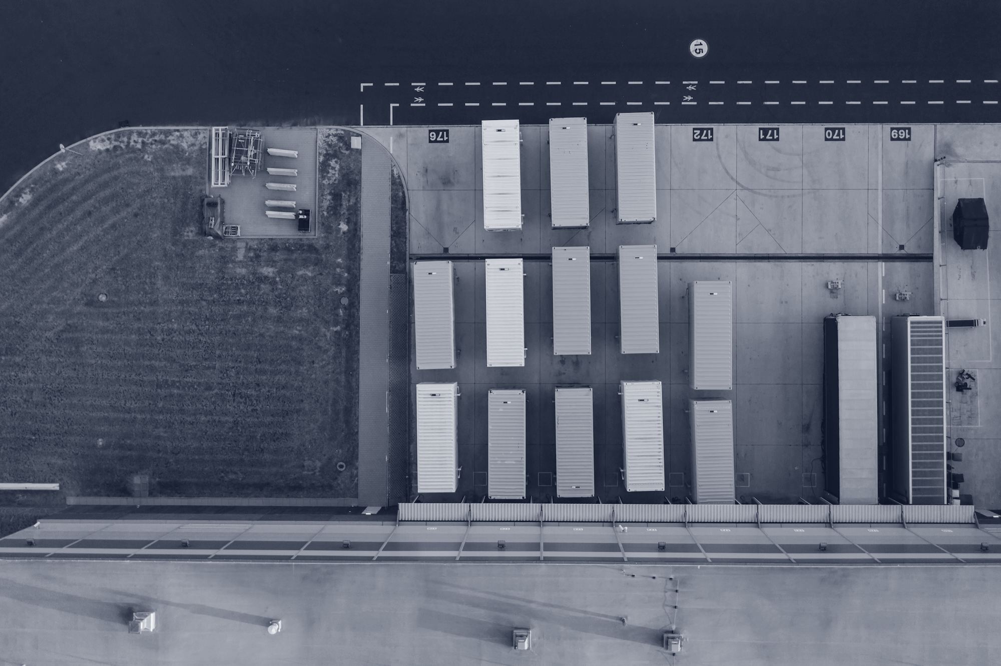 Aerial view of trailers parked at a logistics yard